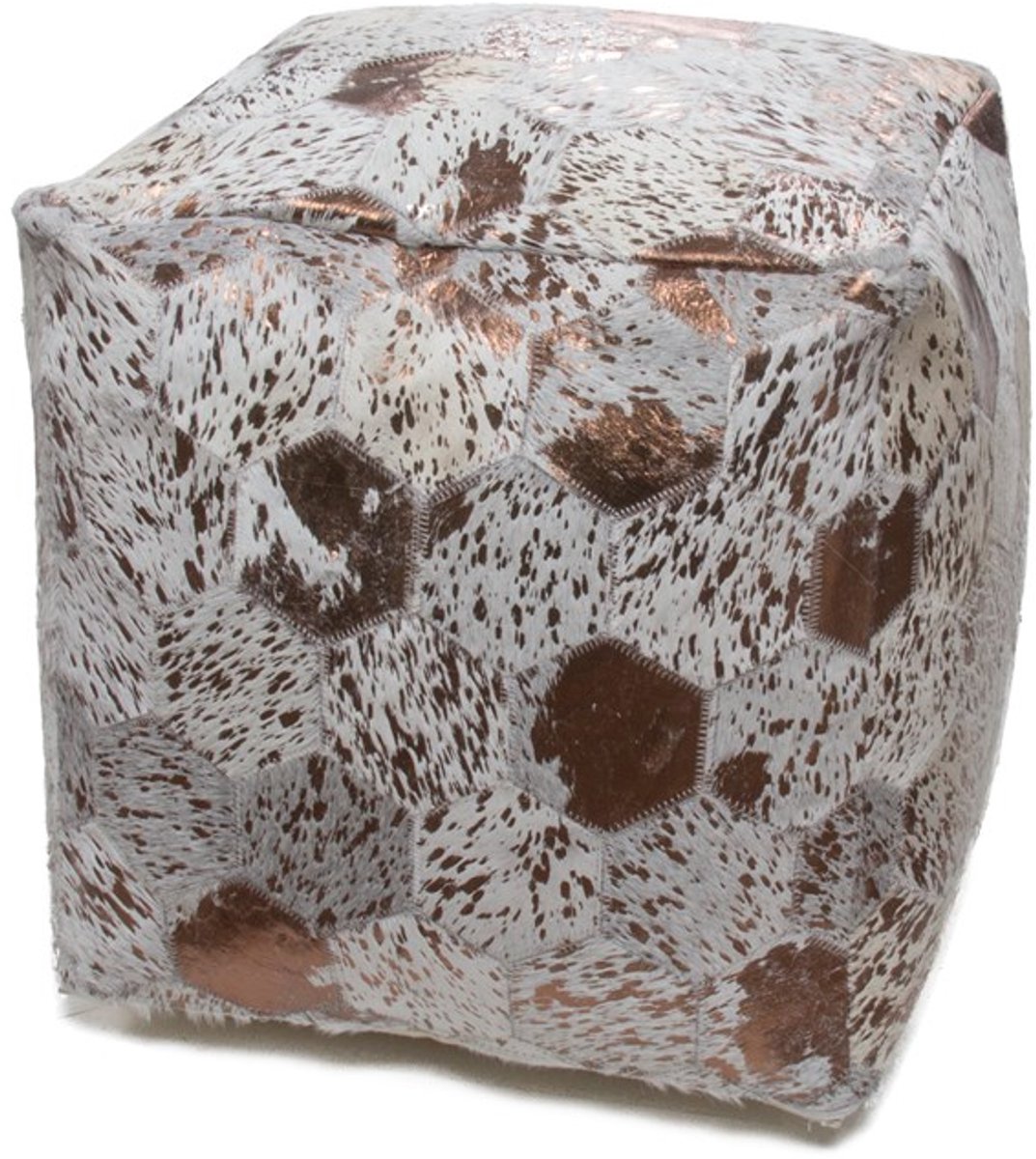 Padiro vierkante poef 45 x 45 x 45 cm - ivoor en chroomkleurig - leer - handgemaakt met honingraatpatroon
