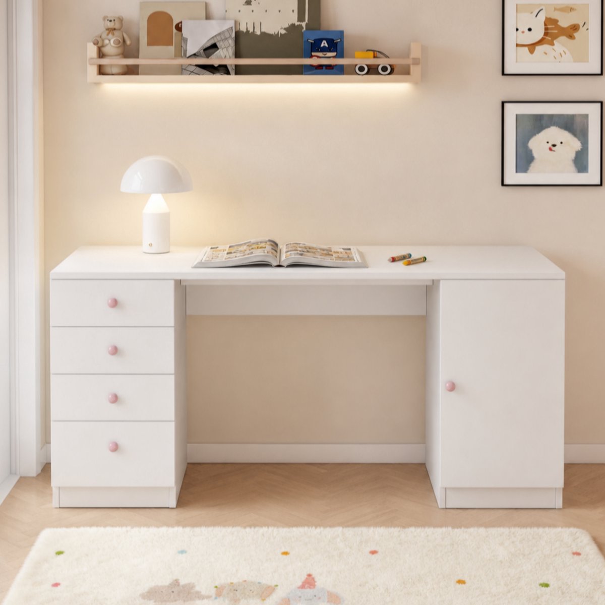 PHOEBE CAT Bureau - 4 lades - Opbergruimte - Roze keramische handgrepen - 155 × 45 × 74 cm - Wit