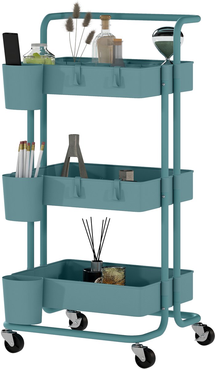 keuken trolley - op wieltjes - 3 laags - 42x38x86,5 cm - badkamer - serveerwagen - Blauw-Groen