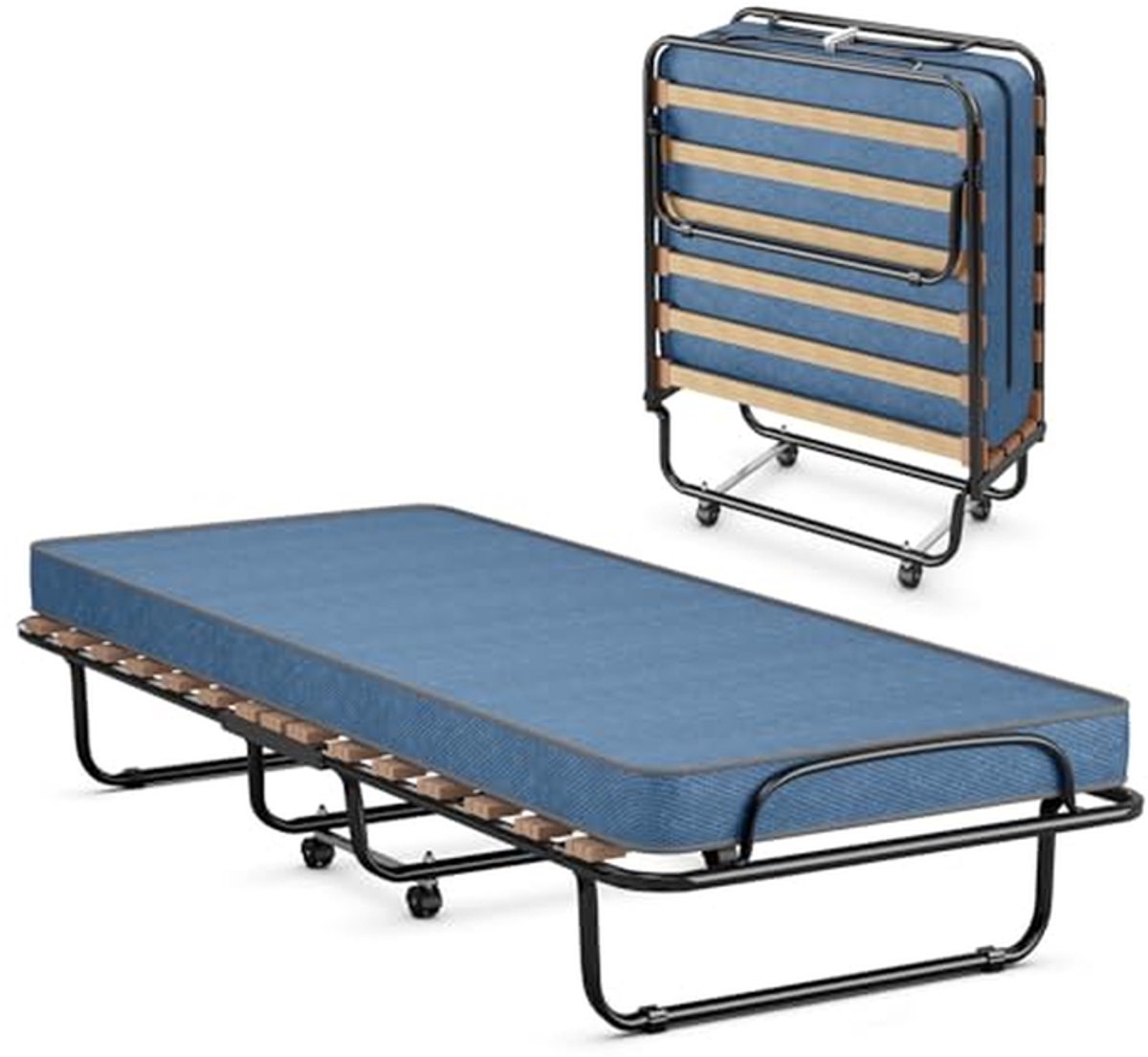 Opklapbed met matras - Logeerbed vouwbed - Extra slaapplaats - Traagschuim ondersteuning - 190 x 80 cm - Blauw