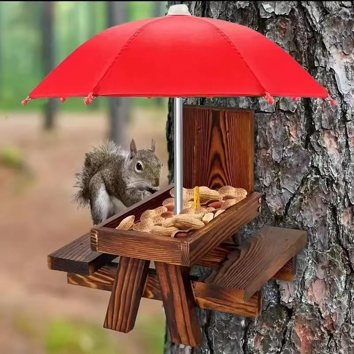 Weerbestendige Eekhoornvoeder met Parasol - Houten Picknicktafel voor Eekhoorns met Maïskolfhouder voor Tuin en Buitenruimte
