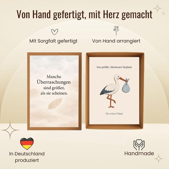 Stülpbox voor zwangerschapsverkondiging, cadeau voor aanstaande grootouders, familie en vrienden, met ooievaarfiguur en boodschapskaart, 6 varianten (oma) — afbeelding 3
