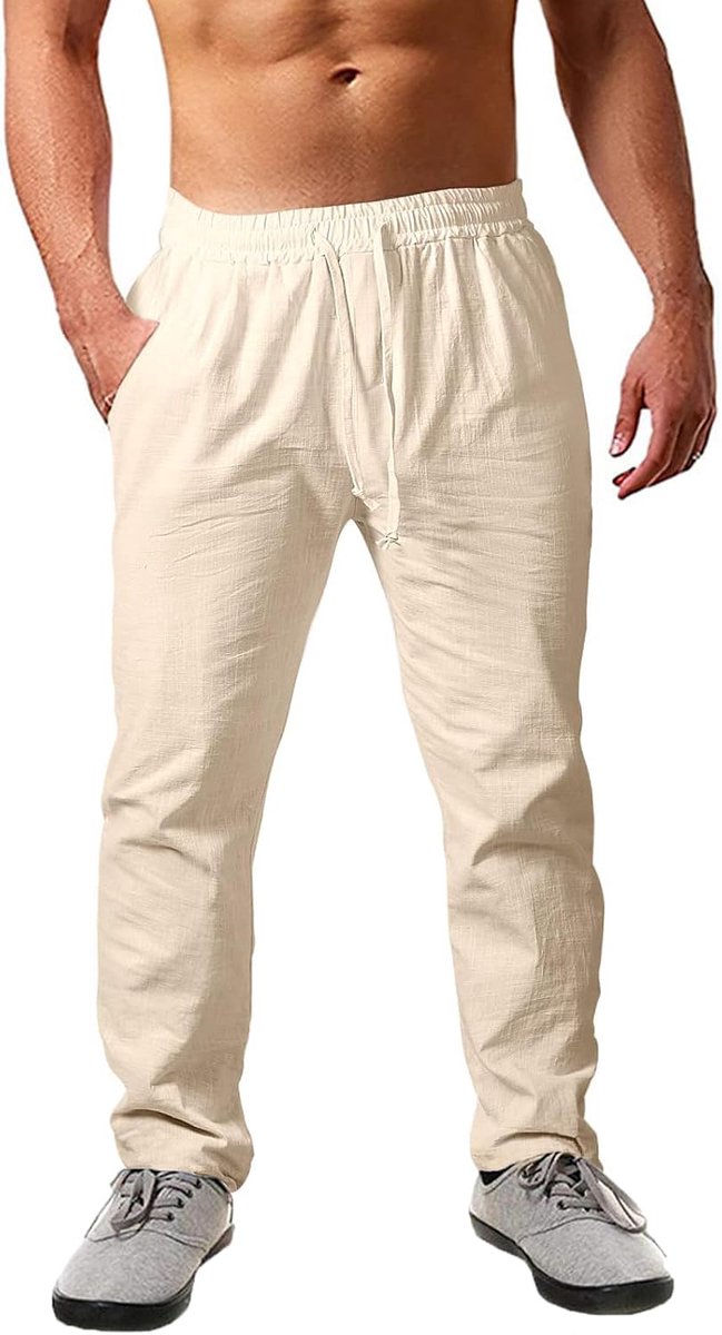 Lichte en ademende linnen broek voor heren, losse pasvorm, elastische tailleband met trekkoord, effen, ideaal voor zomer, vakantie en strand
