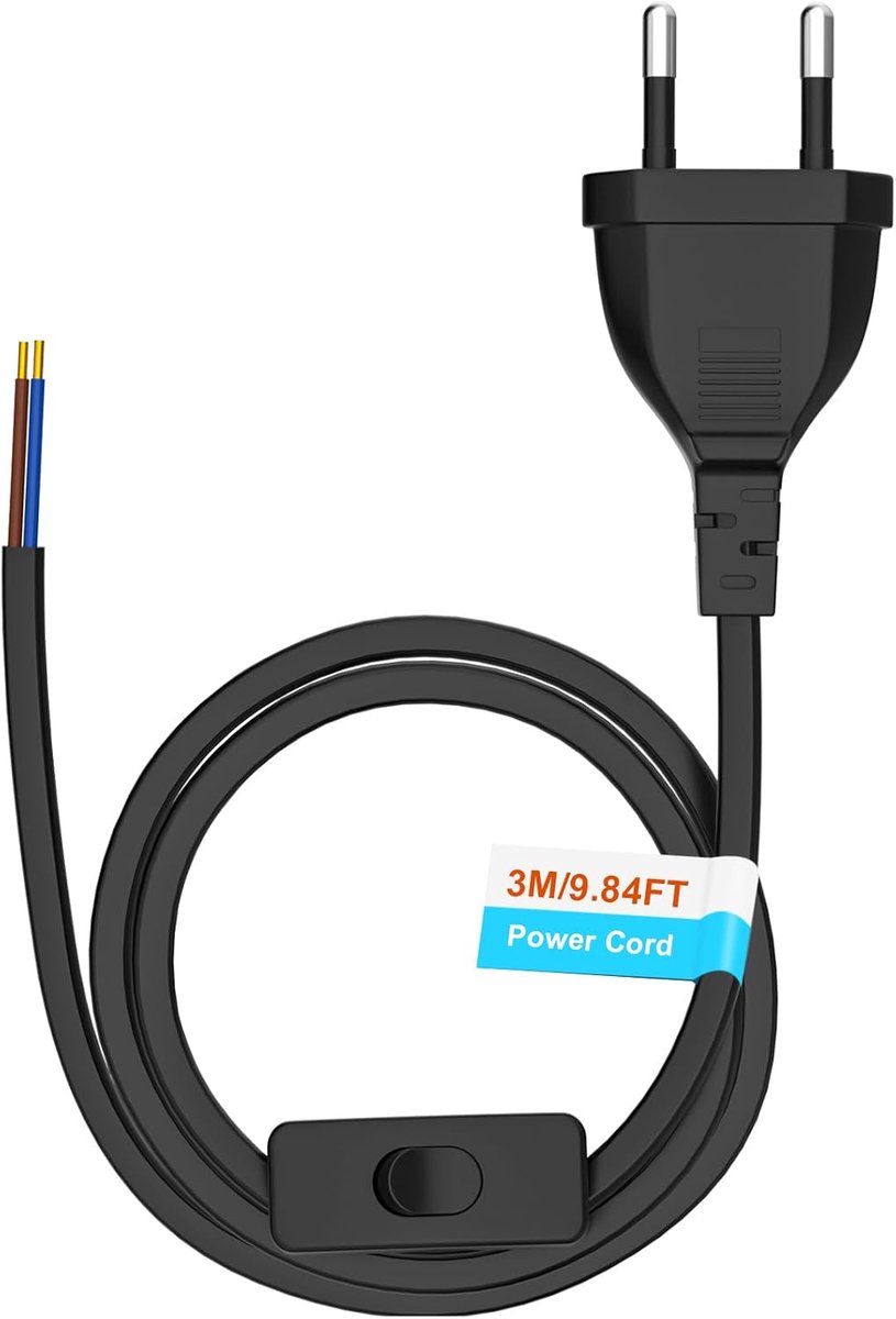 Euro-stroomkabel met schakelaar, lampkabel met schakelaar, 3 m, kabel met schakelaar, eurostekker verlengkabel, voor lampen, thuis (250 V, zwart)