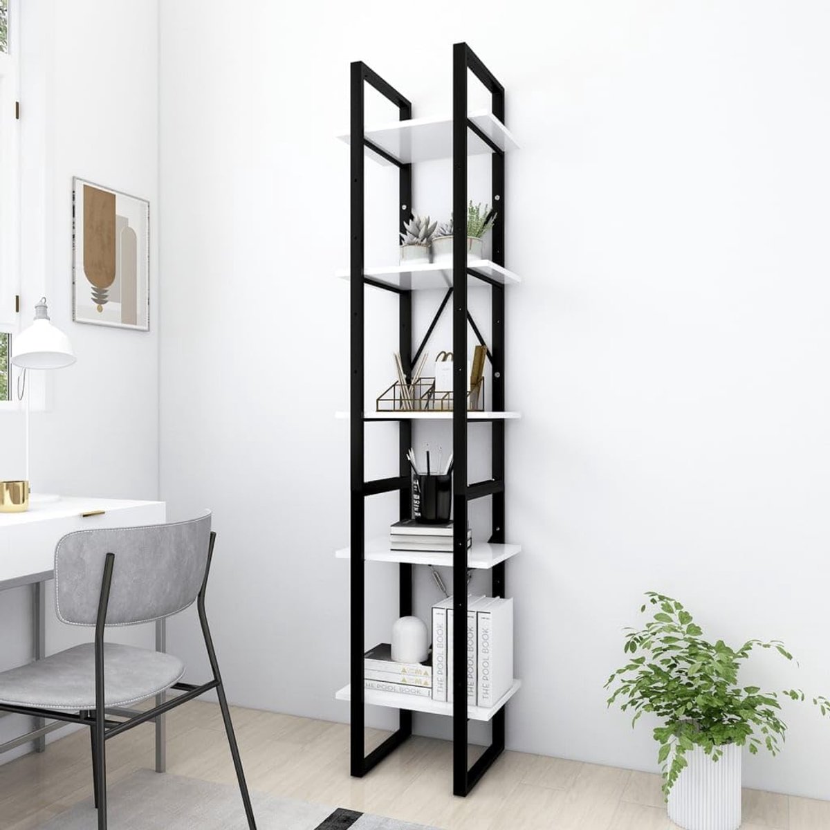 Boekenkast, 5 vakken, boekenkast, opbergplank, boekenplank, geschikt voor kantoor, slaapkamer, hal, werkkamer, wit, 40 x 30 x 175 cm, houtmateriaal