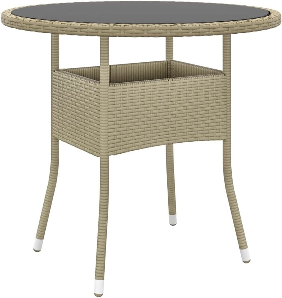 Tuinmeubelen, terrastafel, tuintafel, diameter 80 x 75 cm, gehard glas en polyrotan, beige, voor tuin, terras, balkon