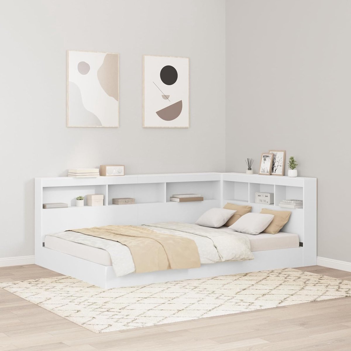 Hoofdbord met opbergruimte, met hoofdeinde met geheugen, wit, 120 cm, hout, hoofdeinde voor boxspringbed, slaapkamer, hoteldesign3335533