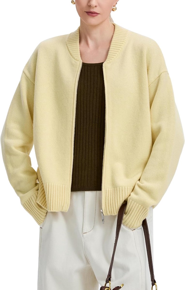 Cardigans - 100% Merinowol Gebreide Zip-up Jack met Baseballkraag Lange Mouwen Casual Tuniek