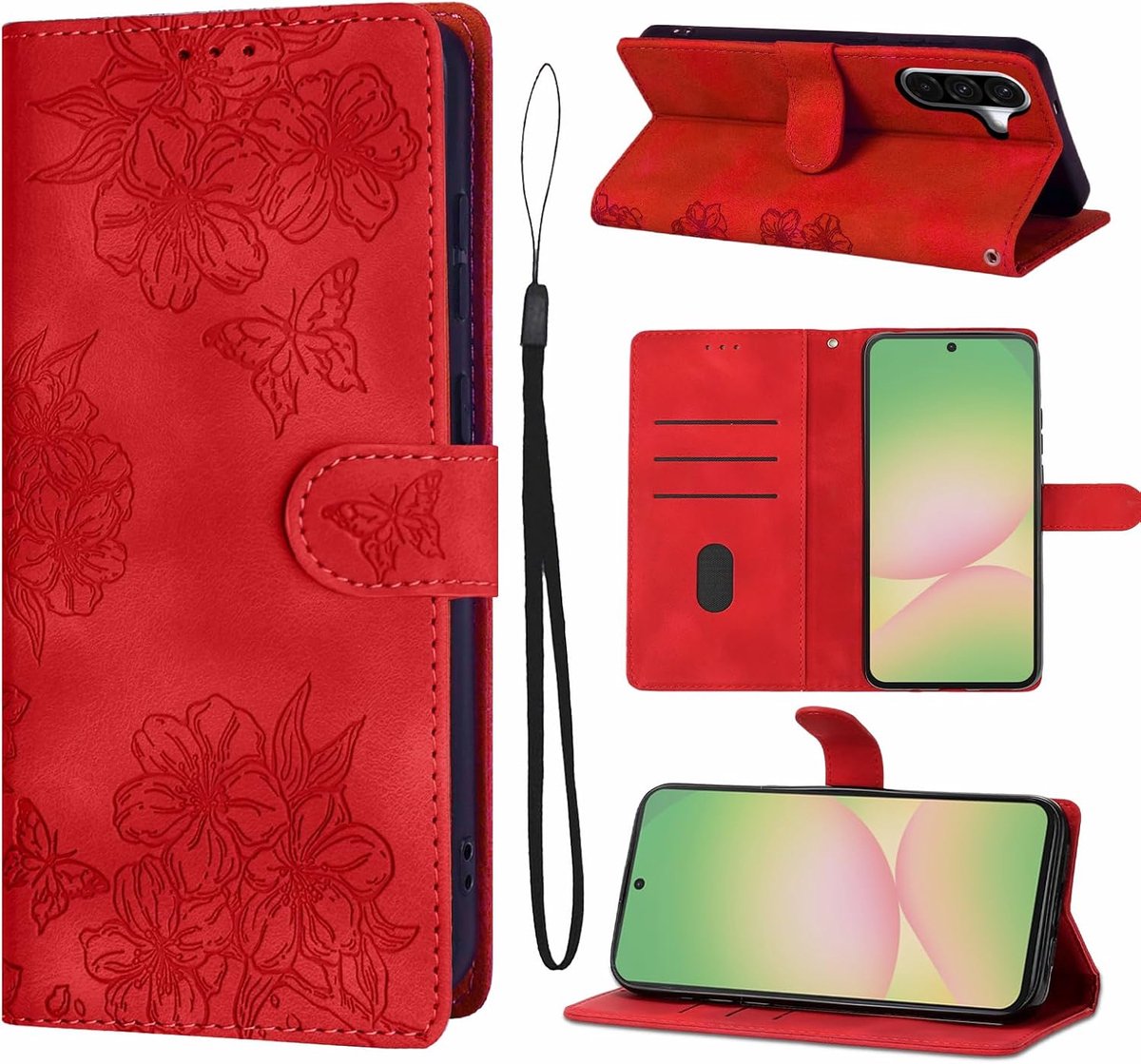 Telefoonhoesje voor Samsung Galaxy A57, PU-leren hoes voor Samsung Galaxy A57, hoes met standfunctie, kersenbloesem, vlinder, inklapbaar, flip case met kaartsleuven, rood