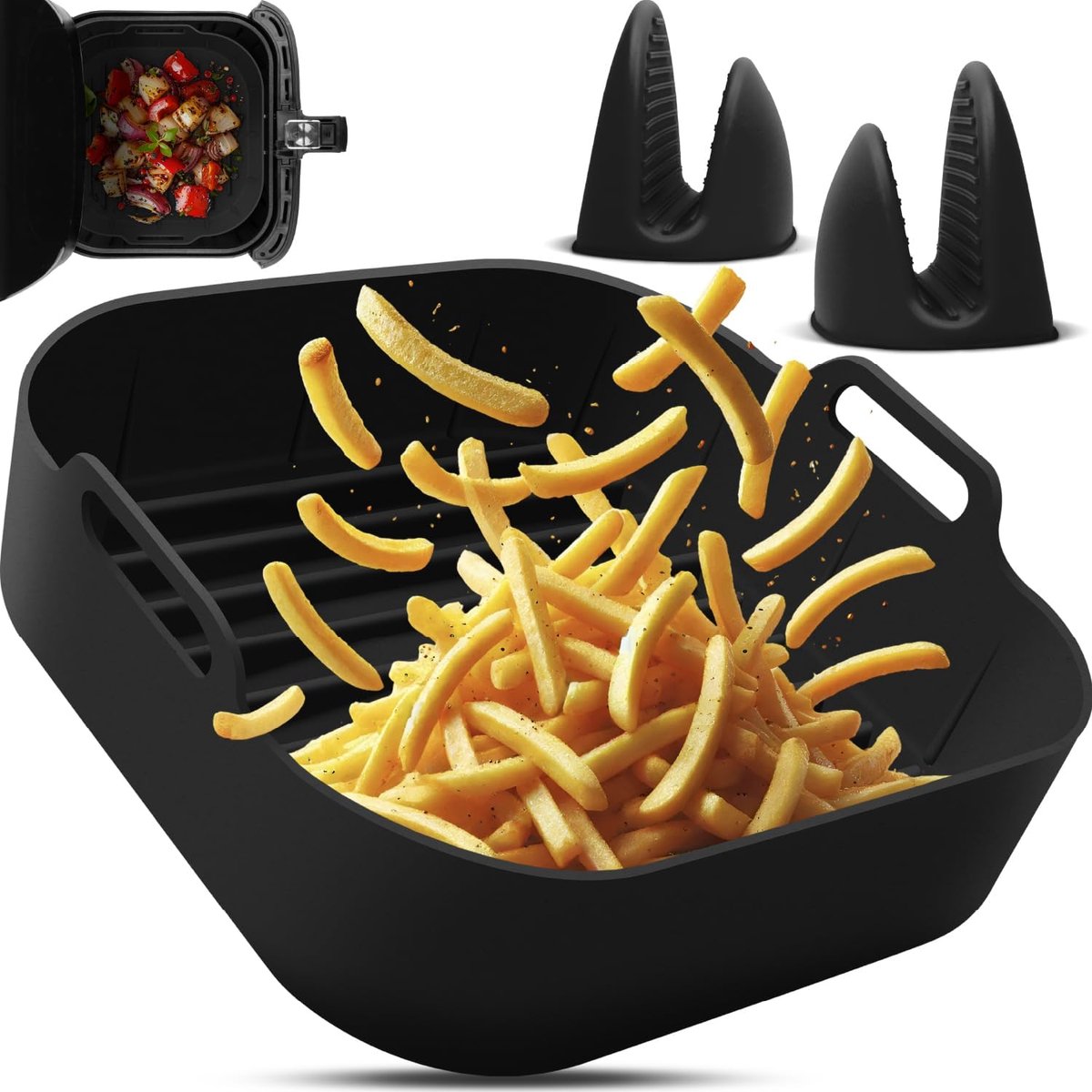 Siliconen Mand met Ovenhandschoenen - Siliconen Mand voor Heteluchtfriteuse - Siliconen Ovenhandschoen 2x - Geschikt voor Philips, COSORI, Ninja, Tefal, Princess - Herbruikbare Mand