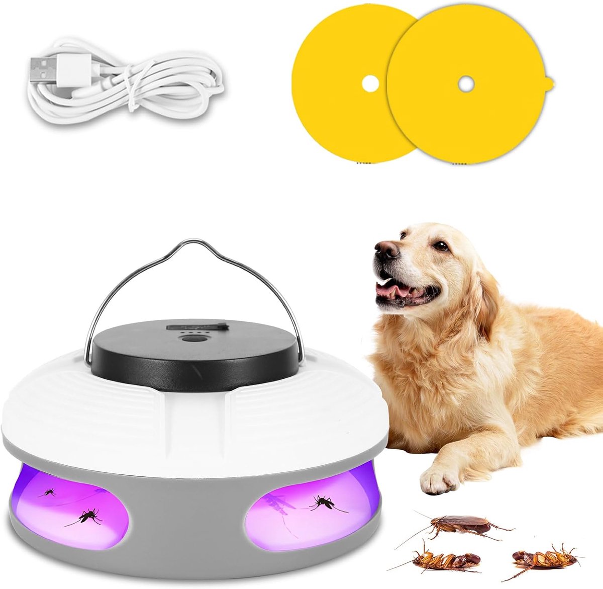 1 x koepel vlooienval, elektrische vlooienlamp met 2 kleefpads, werkt op batterijen (AAA-batterijen) of via USB, effectieve vlooienval voor ongediertebestrijding voor slaapkamer, woonkamer en