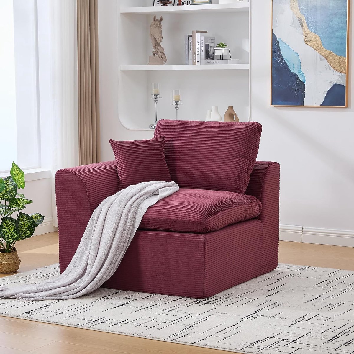 2-zitsbank, modulaire bank, corduroy sofa met kussen, vrijetijdsbank in Scandinavische stijl, woonkamer, geen montage nodig, corduroy, wijnrood, 1-zits