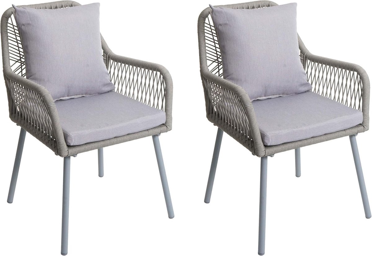 Set van 2 tuinstoelen HWC-O12, outdoor zit-/rugkussen aluminium kabelvlechtwerk rope - grijs, bekleding grijs