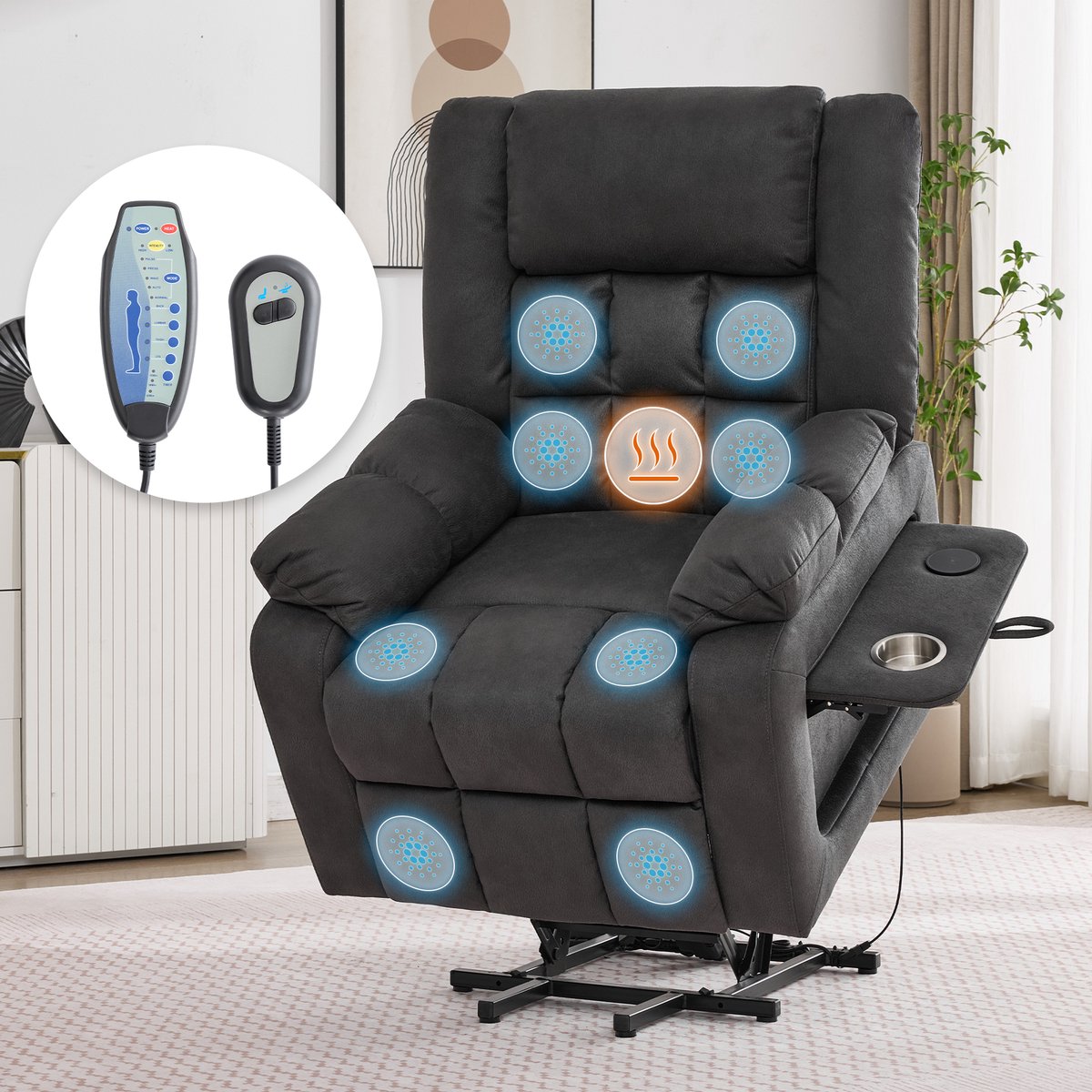 Elektrische verstelbare TV-stoel met opstahulp - Massage- en warmtefunctie - Ligstoel met voetenbankje - 2 zijvakken en bekerhouder - USB-poorten - Kleur grijs – foto 2