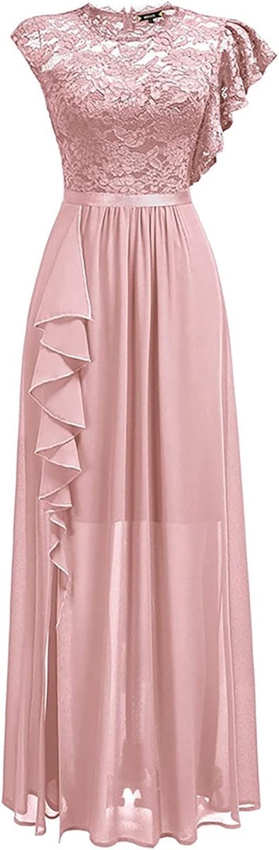 Feestjurk voor vrouwen met kant en ruches, ronde hals, sweatshirt-stijl, avondjurk, elegante partyjurk met splice-design, figuurvriendelijk en modieus voor bruiloft, gala en speciale — afbeelding 3