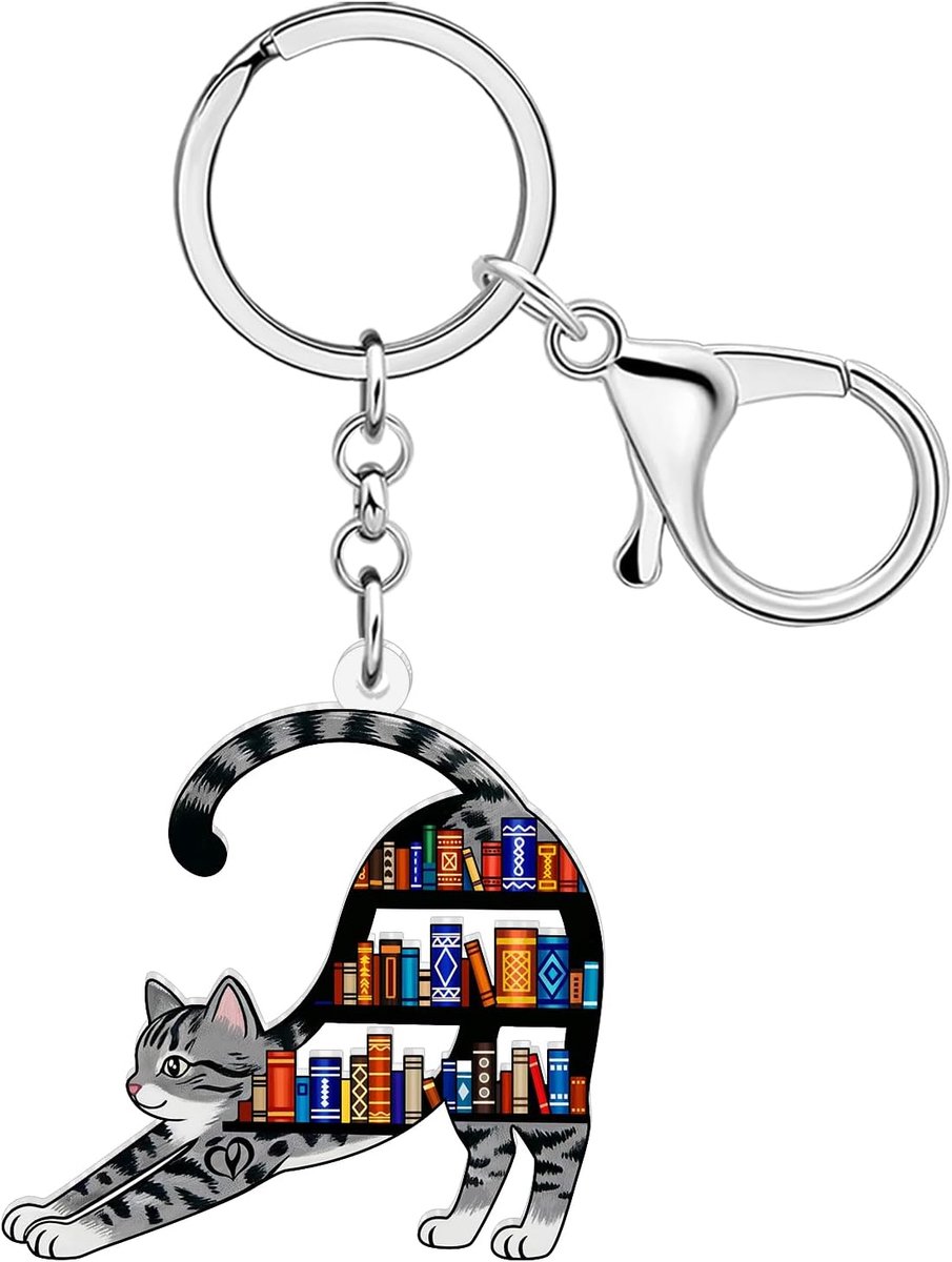 Boek zwarte kat sleutelhanger accessoires, boekliefhebbers geschenken voor vrouwen bibliotheek boekworm meisjes rugzak handtas bedels, grijs, M