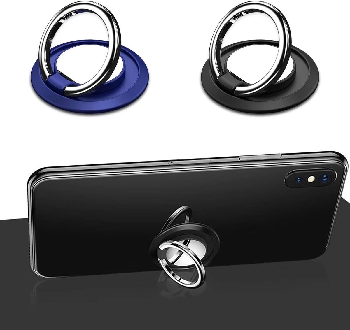 Set van 2 telefoon-ringhouders, 360° draaibaar, super slijtvast, telefoongreep, ringhouder voor smartphones, tablets (zwart, blauw)