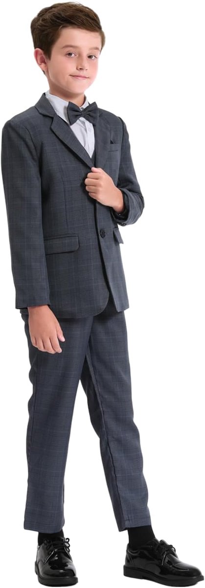 mintgreen 6-delige Jongenspakken Set, Blazer & Broek & Gilet & Overhemd & Stropdas met Pochet, 7-12 Jaar