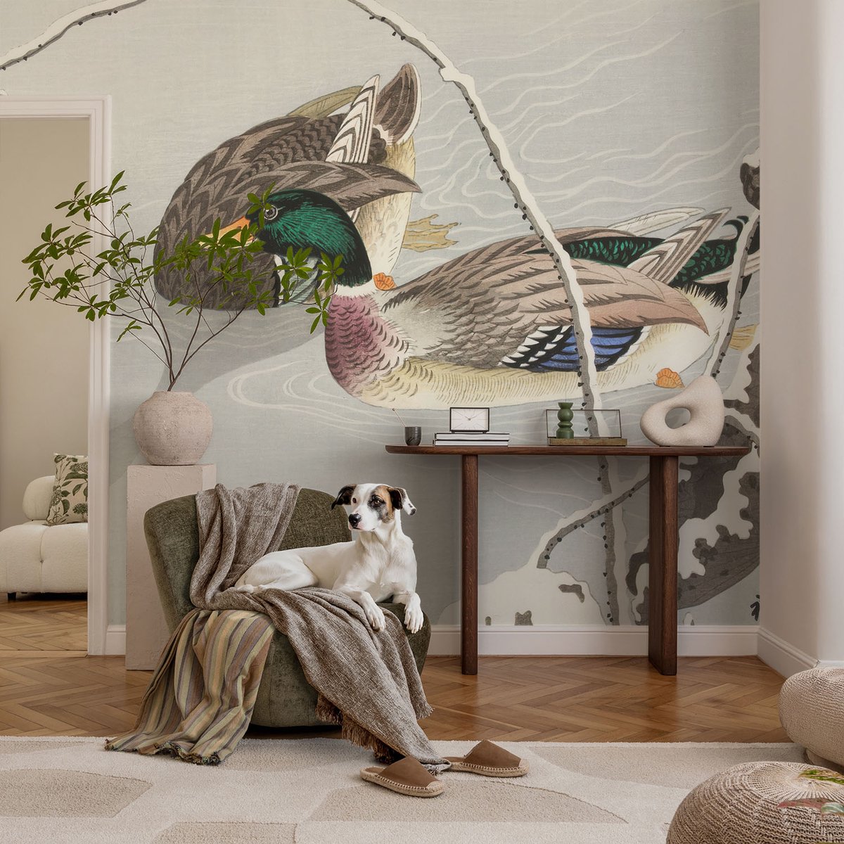 Coloray Vliesbehang - Grijs Snellijm Behang - 104x70 cm - Rustige Eenden Muurschildering - Gang behang Dieren - Fotobehang Vlies - Gang behang