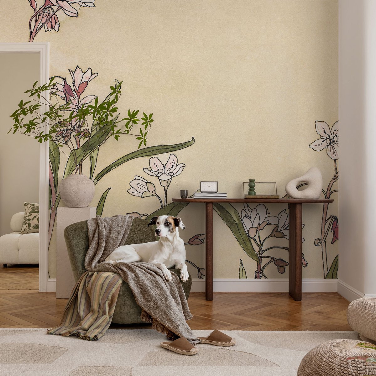 Coloray Vliesbehang - Wit Snellijm Behang - 104x70 cm - Bloemige Elegantie Muurschildering - Slaapkamer behang Bloemen En Planten - Fotobehang Vlies - Slaapkamer behang