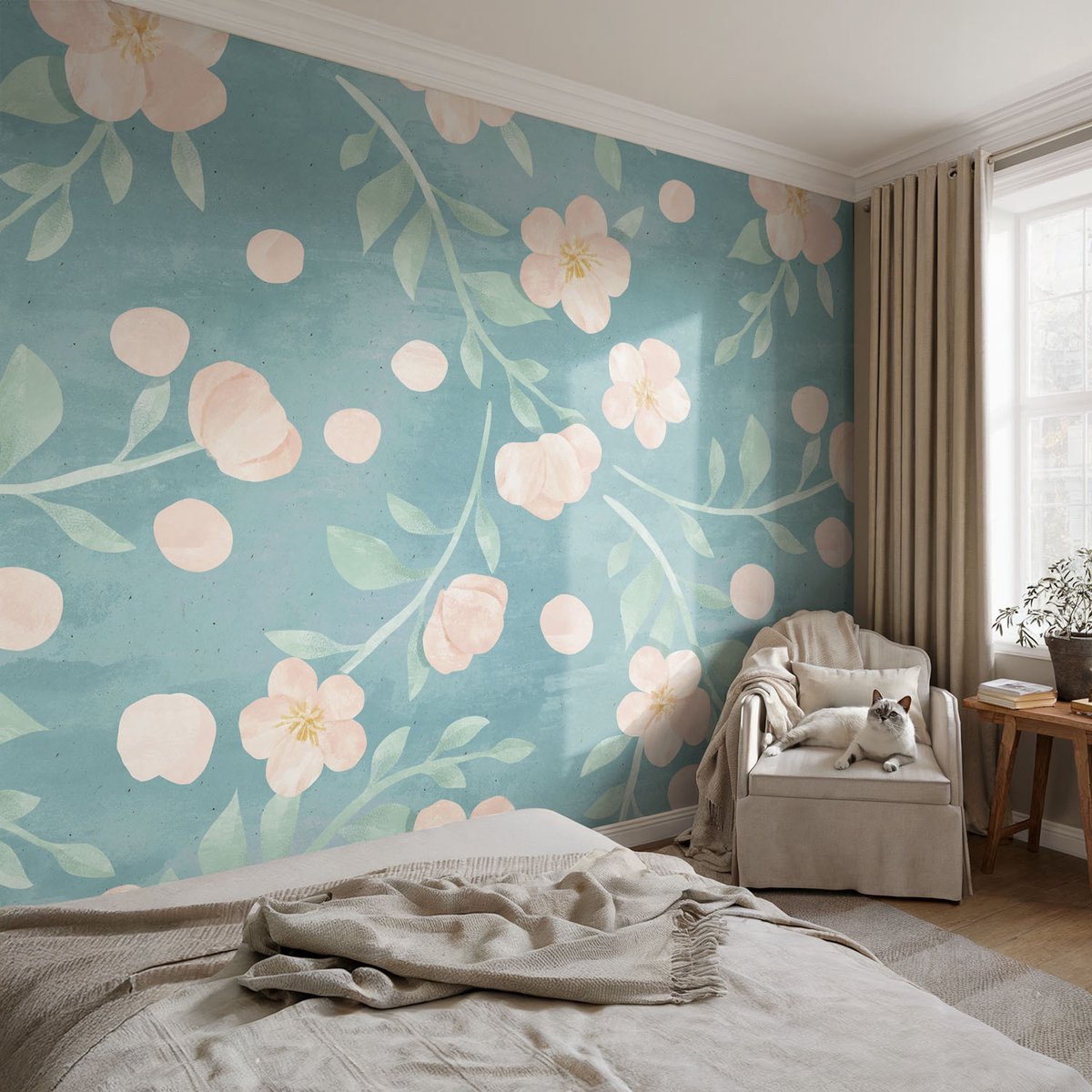 Coloray Vliesbehang - Blauw Snellijm Behang - 104x70 cm - Bloemige Elegantie Fotobehang Vlies - Woonkamer behang Bloemen En Planten - Muurschildering - Woonkamer behang