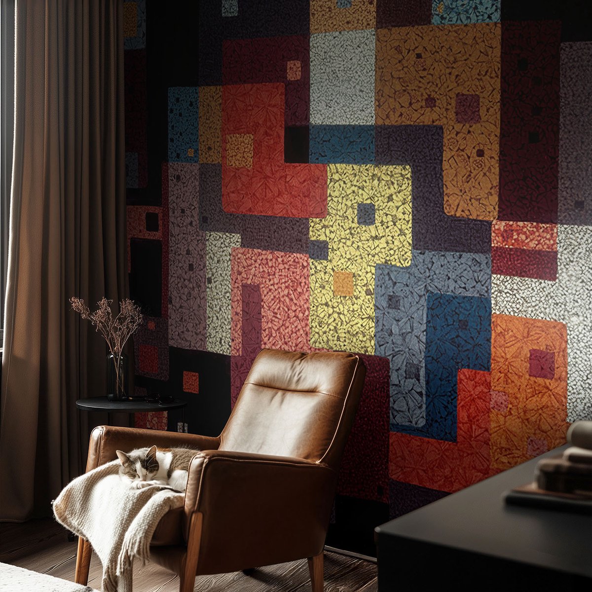 Coloray Vliesbehang - Zwart Snellijm Behang - 152x104 cm - Kleurrijke Vormen Muurschildering - Gang behang Abstractie - Fotobehang Vlies - Slaapkamer behang