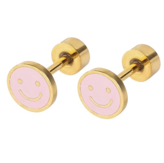 Gouden oorbellen met roze smiley gezichtjes en schroefsluiting.