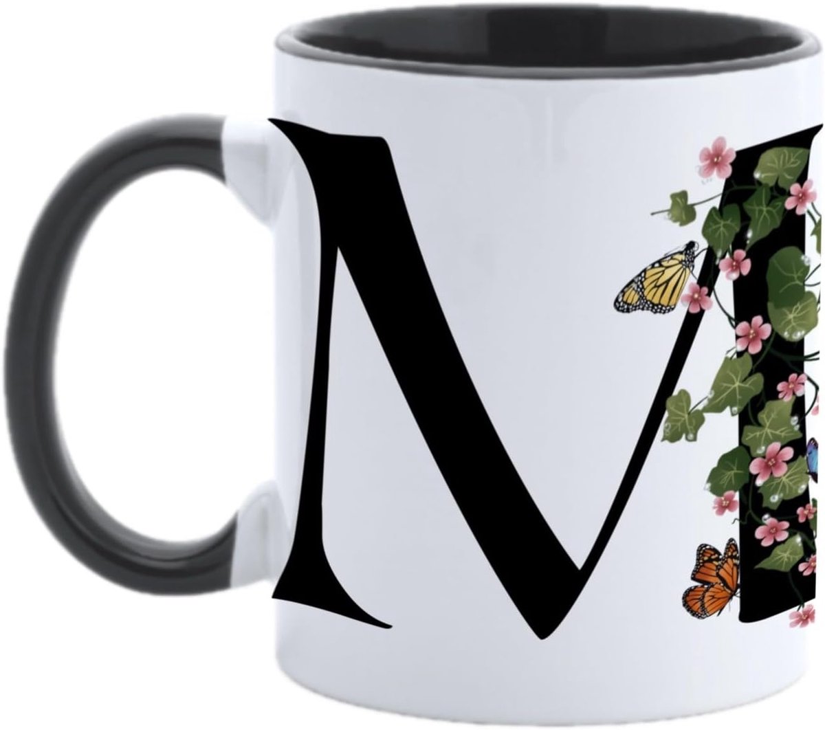 Chiari Gepersonaliseerde keramische mok met letter, bloemenpatroon met vlinders en zwart handvat, gemaakt in Italië, 300 ml (M)