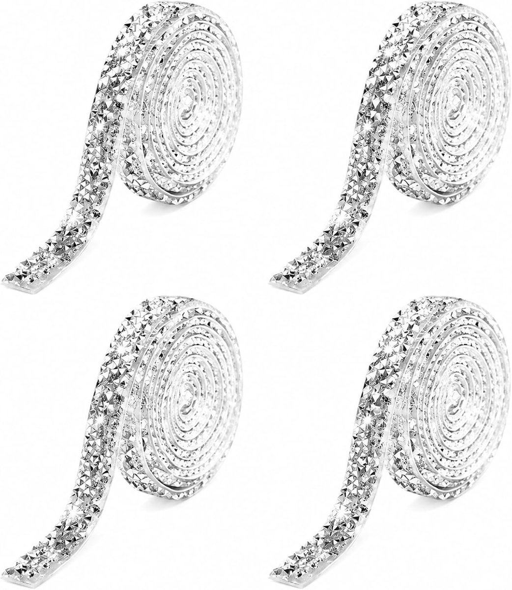 4 stuks (1 cm) zilveren diamantband, zelfklevend strassband, glitterband, glittersteentjes voor bruiloft, verjaardag, doe-het-zelf decoratie