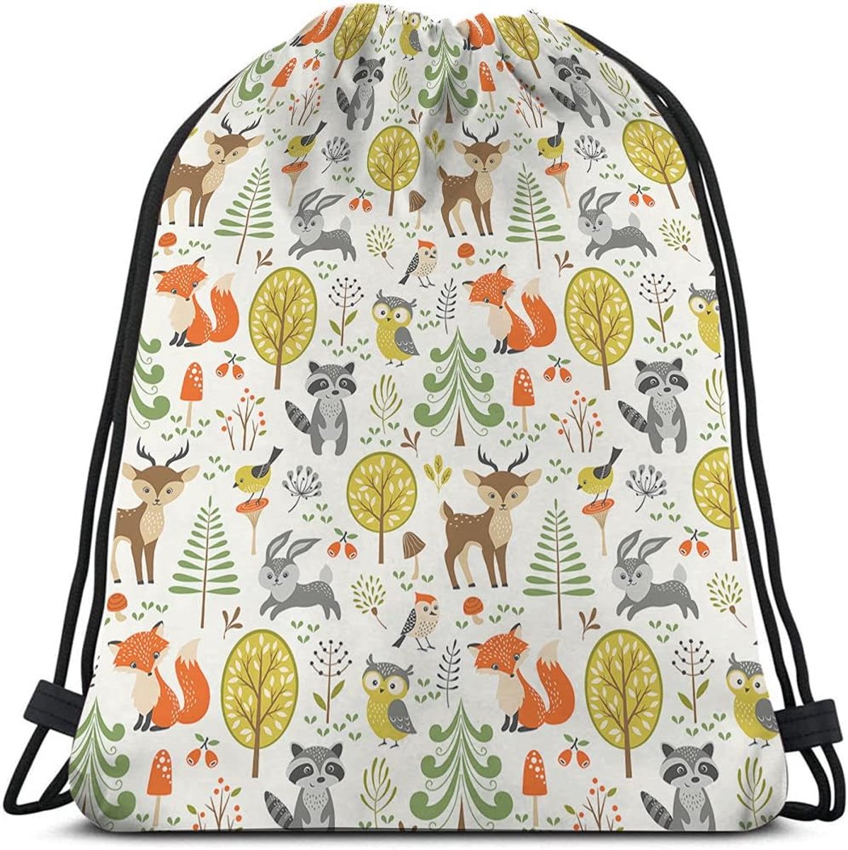 Trekkoord Tassen Leuke Bosdieren Rugzak Tas Lente Bessen Vogeluil Wasbeer Boom Konijn Vos Paddestoel Sport Gym Zak Trekkoord Tas Yoga Tas Voor Mannen Vrouwen String Bag, Zwart, Eén maat
