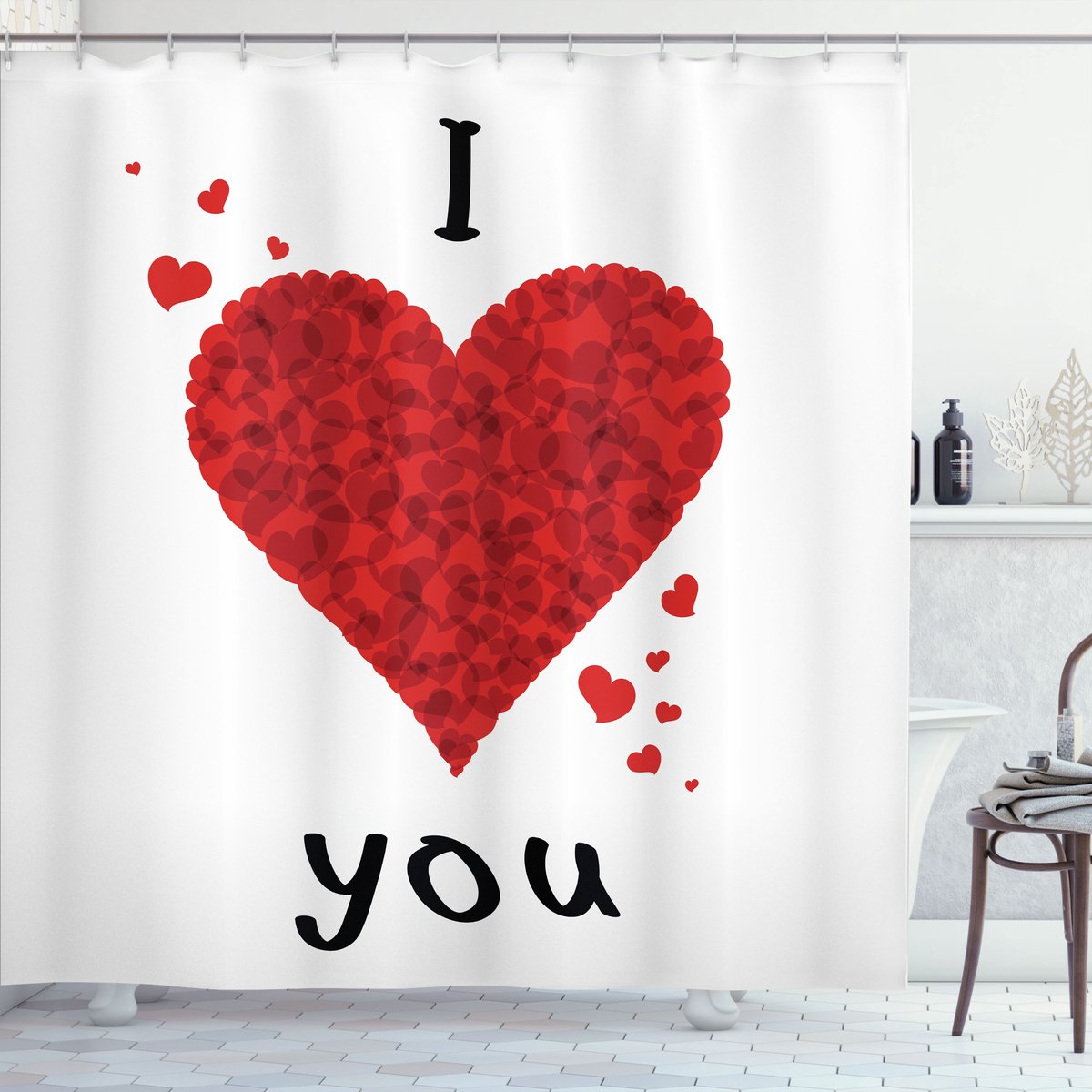 ABAKUHAUS Ich Liefde dich Douchegordijn, Liefde-Blumenstrauß-Hart, Stoffen Badkamerdecoratieset met Haken, 175 x 240 cm, Wit Rood