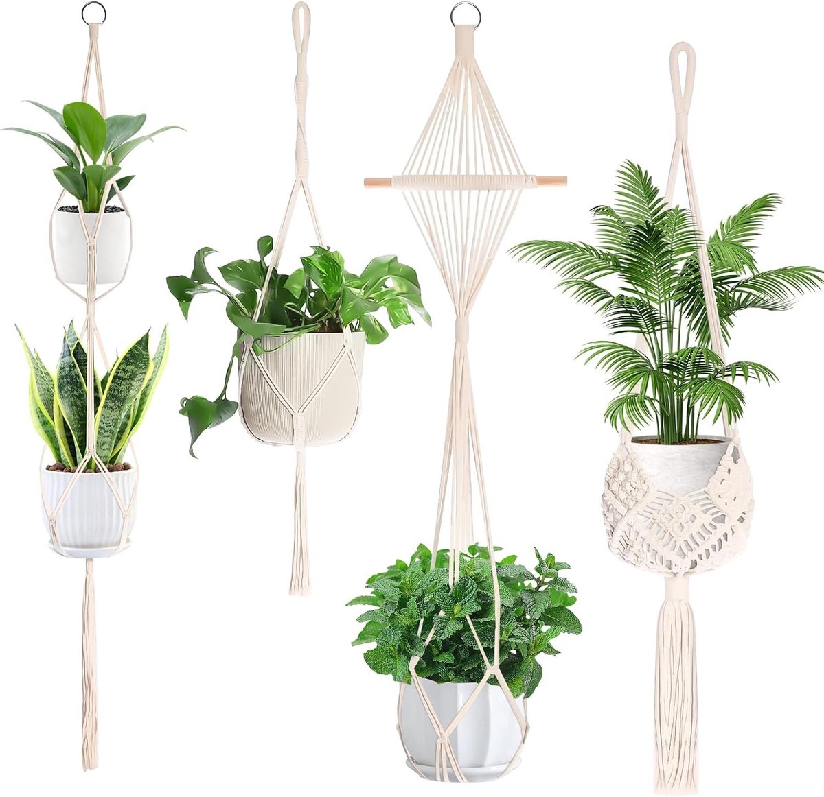 Set van 4 Hangende Macramé Bloempotten - Bohemian Decoratie met Haakjes - Ideaal voor Planten, Tuin en Balkon