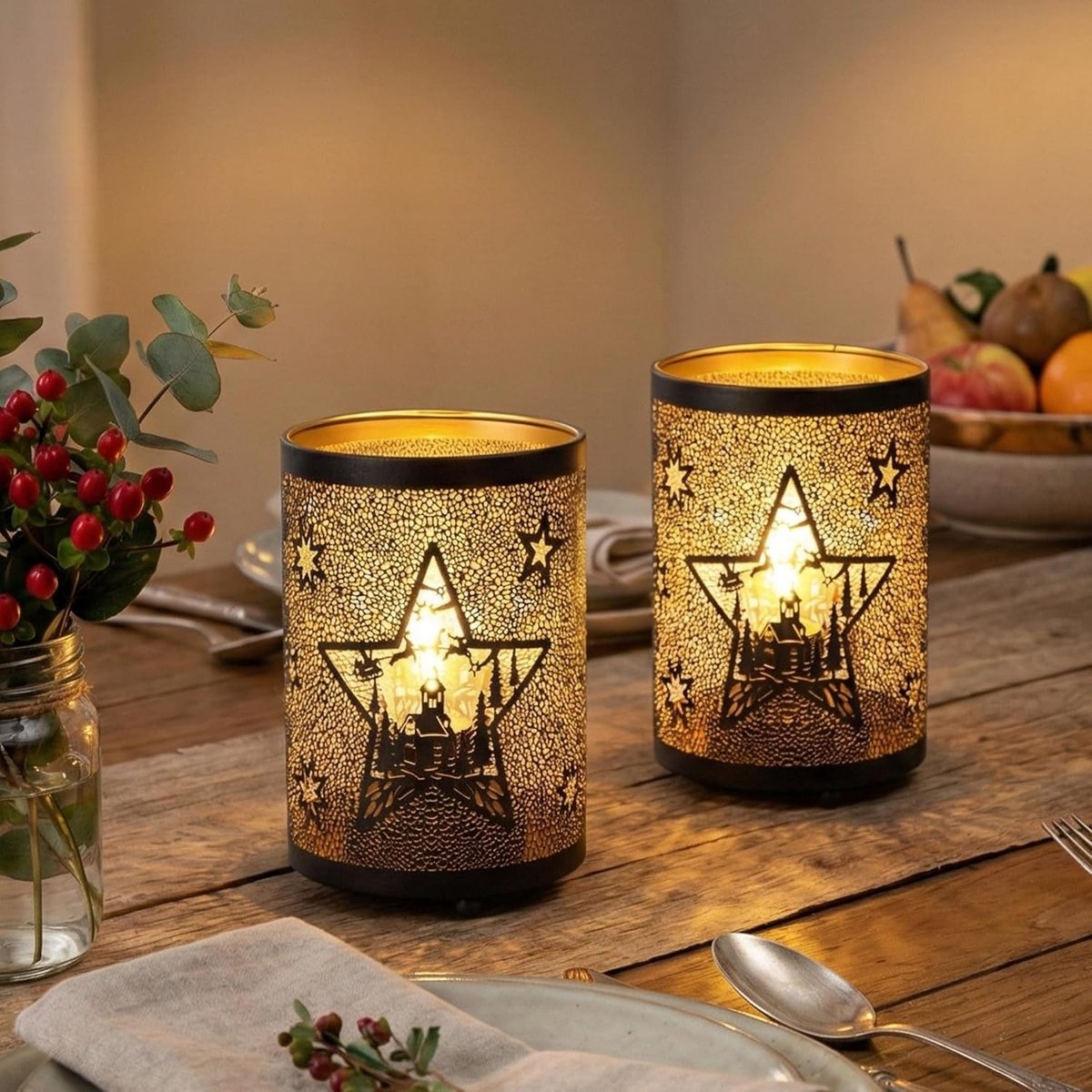 Set van 2 metalen tafellampen met decoratief sterren- en kasteelontwerp voor woonkamer, tuin en feestelijke evenementen, ideaal voor binnen en buitengebruik