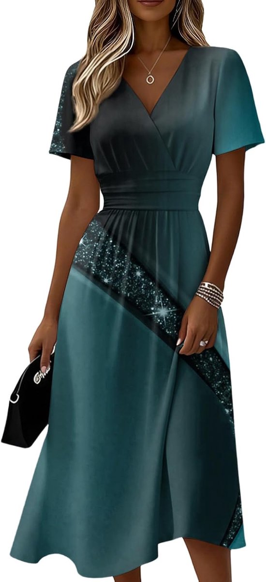 Kleider Damen Sommer Lang Tailliert Sommerkleid Damen Elegant Midi Kleid A Linie Festlich Curvy Sommerkleider Leicht Und Luftig Midikleid Frauen V Ausschnitt Kurzarm Strandkleid