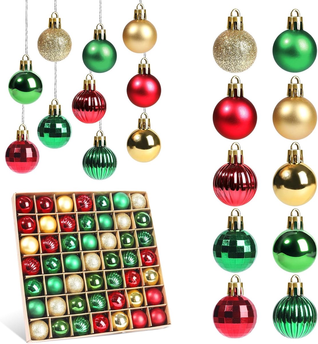 Kerstballen set, 49 stuks mini kerstballen rood wit groen blauw 3 cm, kunststof kerstballen klein, kerstboomversiering veilig, kerstboomballen set
