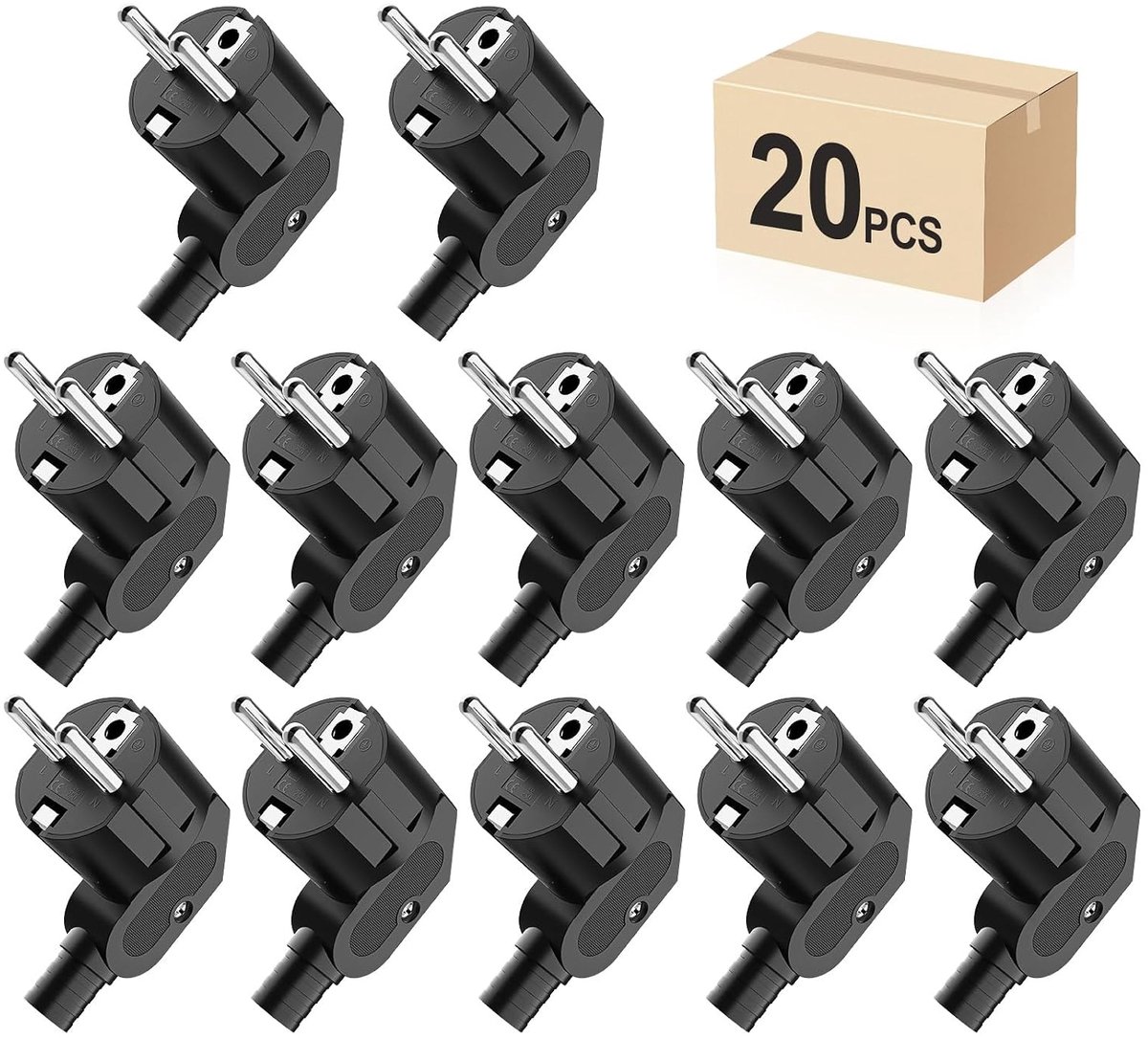Stekker, hoekstekker, 20 stuks, geaarde stekker met knikbeschermingsaansluiting, stekker 250 V (16 A), PABANCE stroomstekker, hoekstekker, waterdicht, voor 8-10 mm kabel, zwart