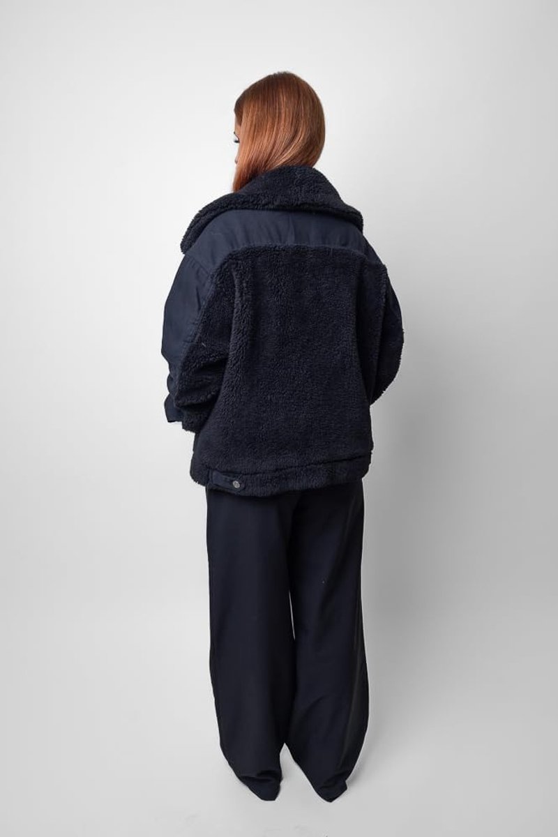 Jeansjas met details voor dames, schapenlook, brede overhemdkraag, knoopsluiting, zijzakken