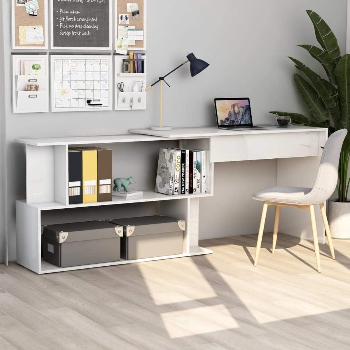 Bureau met witte hoek, glanzend, bureau voor computerbureau voor studenten, computertafel, werktafel voor kantoor en studio, bureaus, meubels 200 x 50 x 76 cm