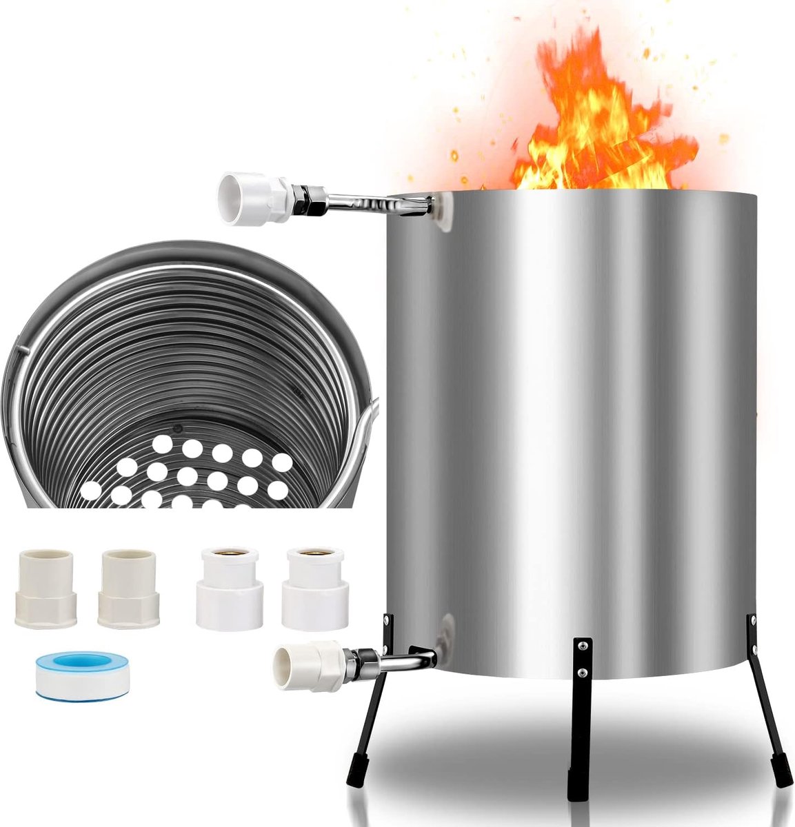 Zwembadverwarming met vuur, zwembadverwarming, vuurton met verwarmingsspiraal, 100% roestvrij staal, zwembadverwarming, 32/38 mm aansluitingen, zwembadverwarmingen voor zwembaden, verwarming tot meer dan 12 °C per 1000 l/h