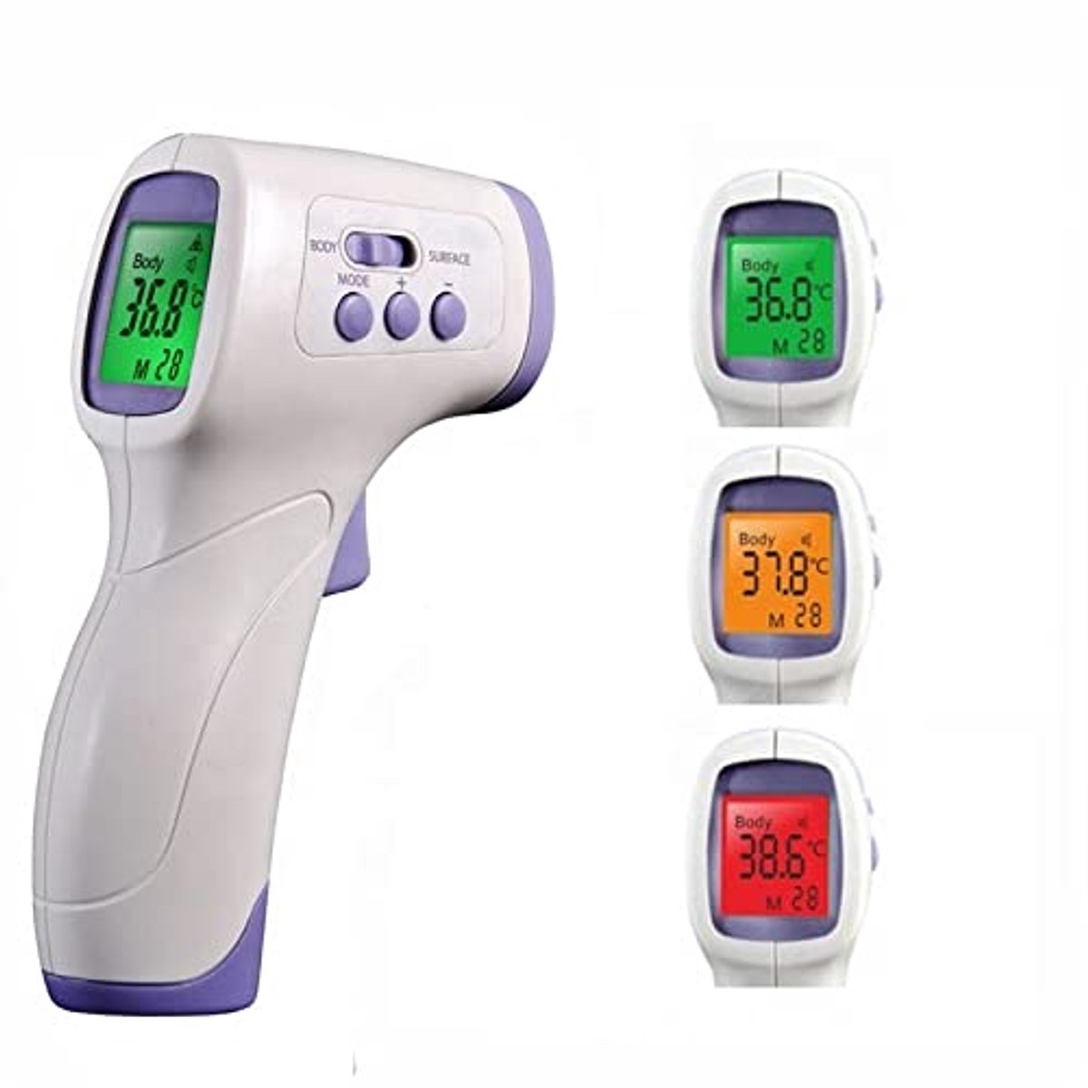infraroodthermometer voor volwassenen, contactloze thermometer, lcd-display, kleurindicatoren, 32 geheugenplaatsen.
