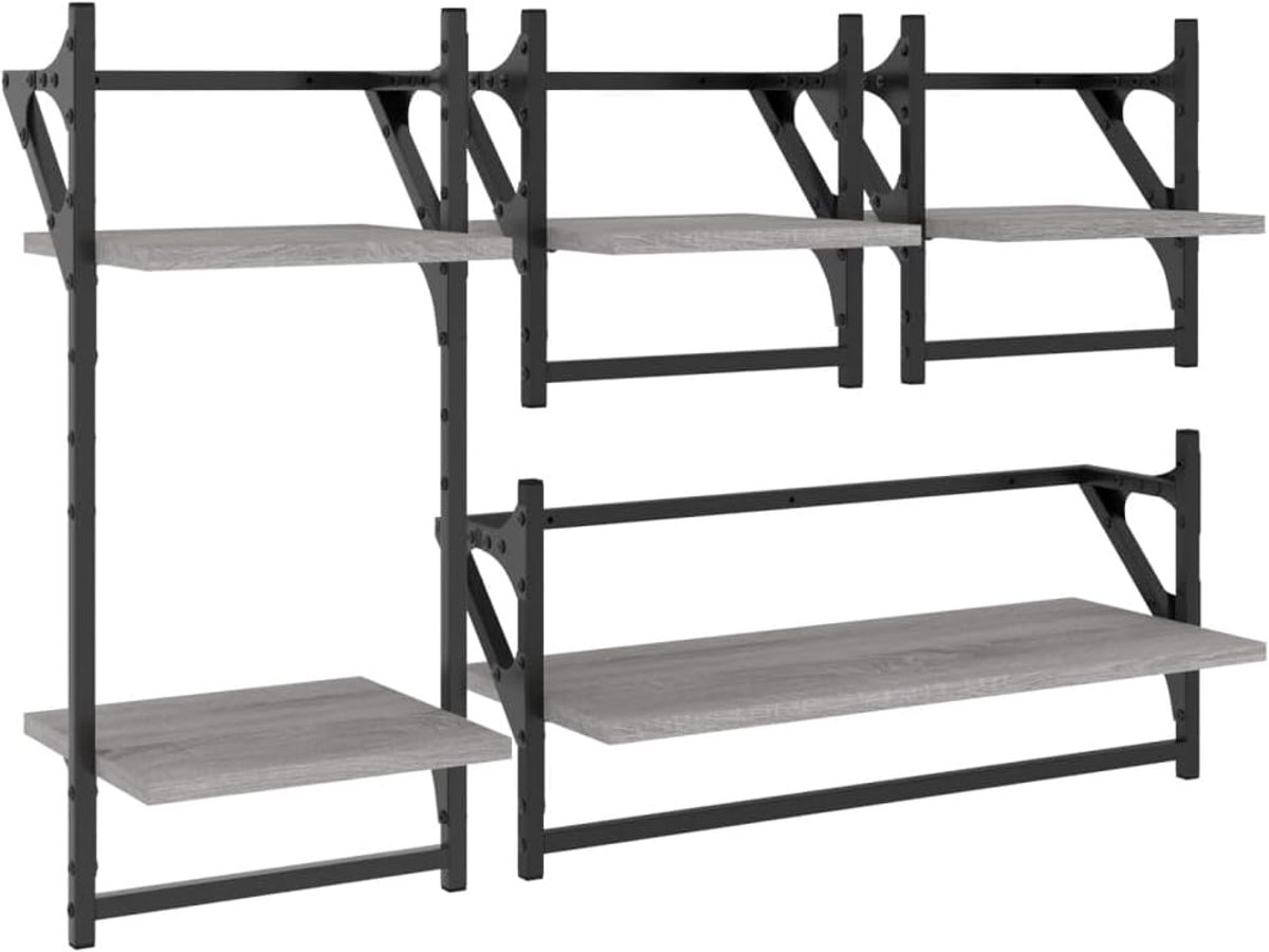 Wandrek kruidenrek muur badkamer plank boekenplank - 4-dlg. Wandplankset met stangen Grijs Sonoma hout materiaal voor kantoor badkamer balkon woonkamer