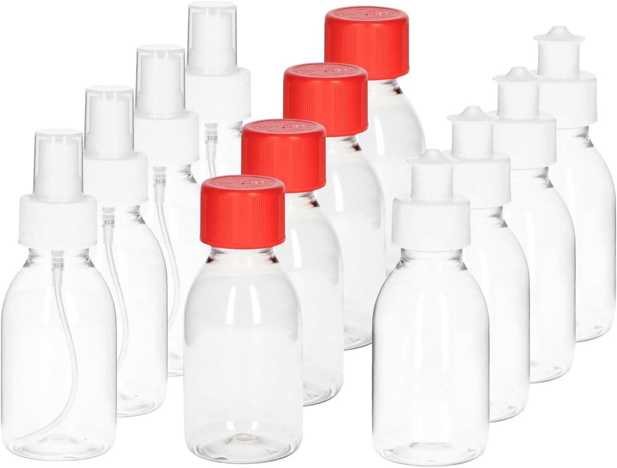 Flessen set van 12 100 ml I transparante vulflessen met 3 x 3 verschillende deksels I kleine flessen om te vullen 100ml I vloeibare flessen I plastic fles I reiscontainer