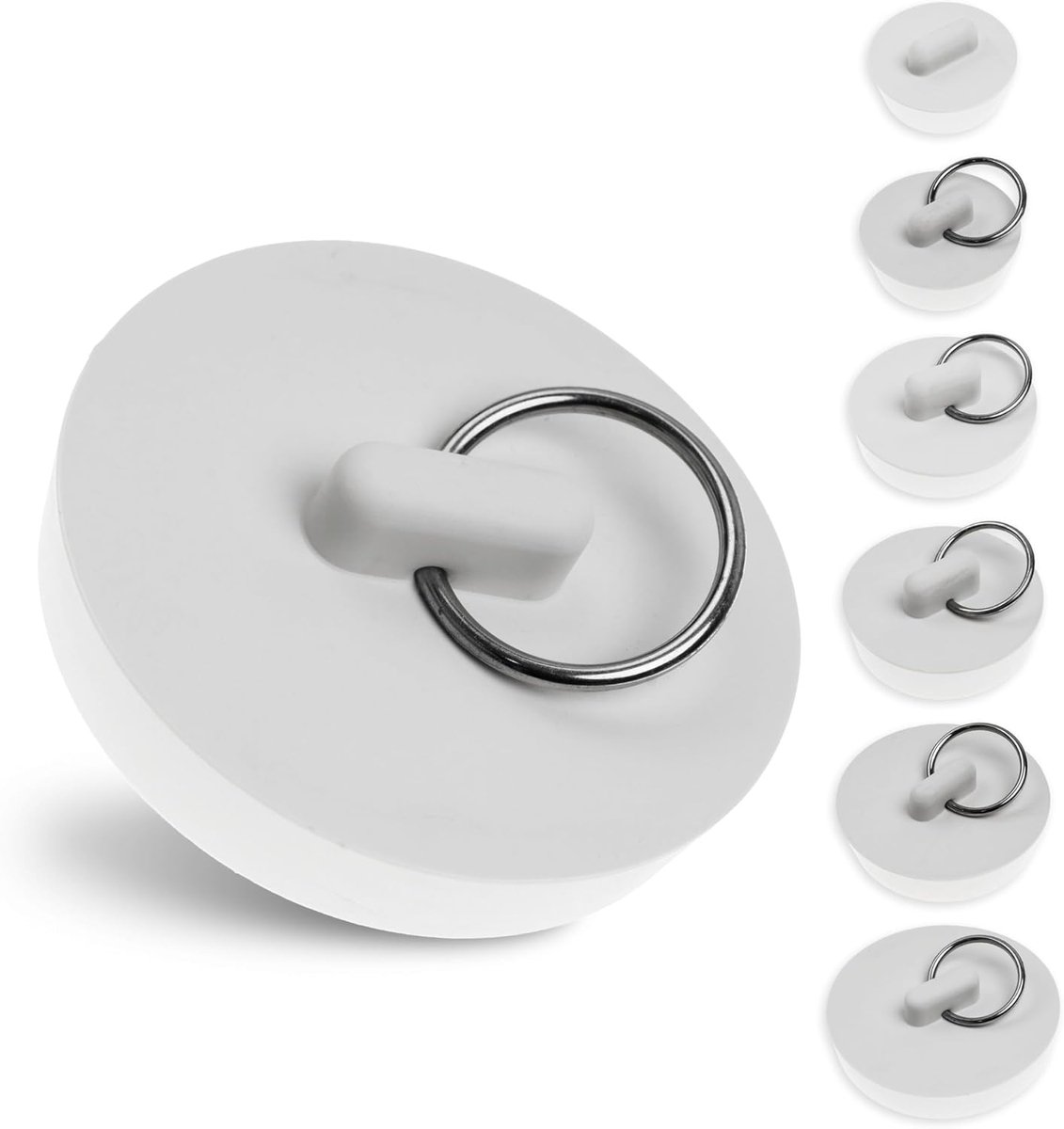 Stop, set van 6 stuks met alle maten, in wit, rubberen afvoerstop voor 1 1/8" tot 1 7/8" inch ventielbovenkanten, gootsteenafvoerstop, wastafelstop, badstop huishoudelijk