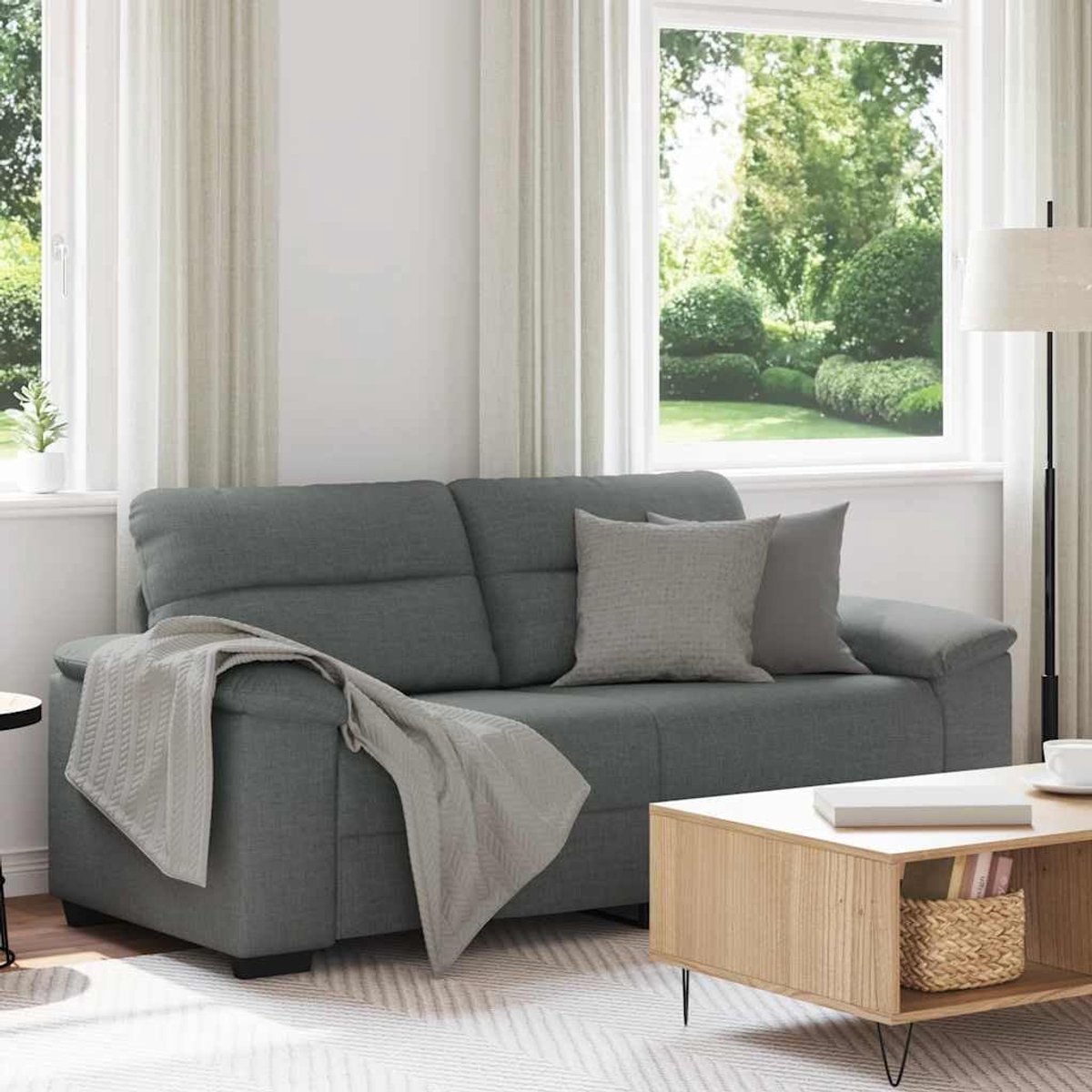 2-zitsbank, donkergrijs, 140 cm, stof, polyesterweefsel, woonkamer, loungesofa met brede armleuningen en robuust hout, metalen frame, voor kantoor, logeerkamer, comfortabel zitgevoel