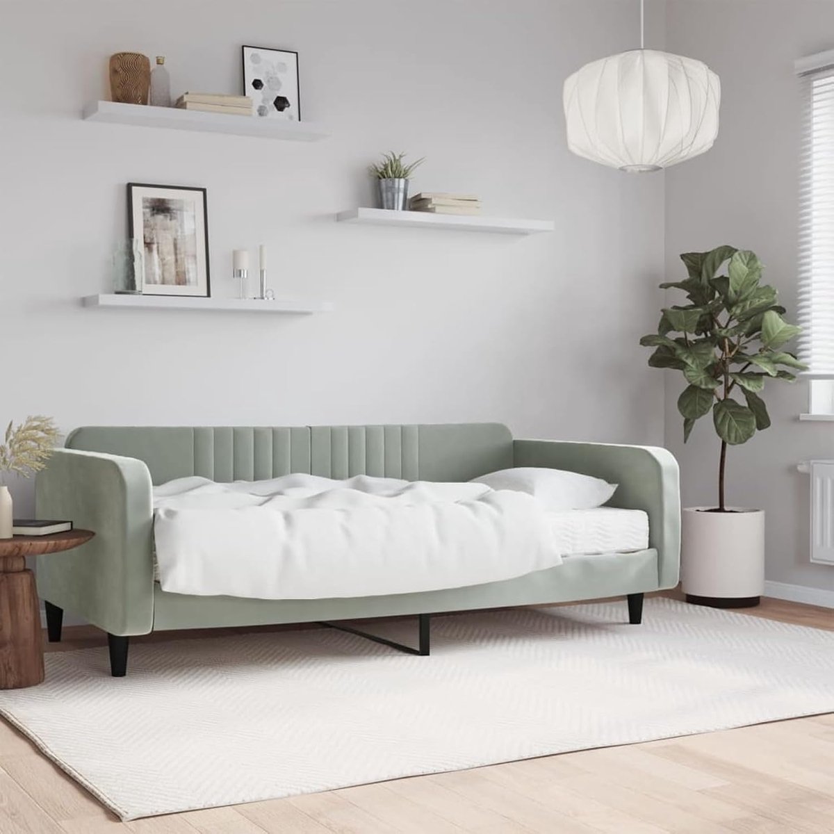 Slaapbank met matras, lichtgrijs, 100 x 200 cm, van fluweel, 2-zitsbank van hout, intrekbare slaapbank, 2-zitsbank met lattenbodem
