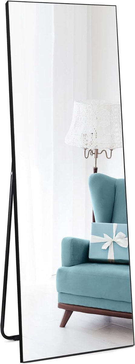 Wand- of staande spiegel, spiegel met zwart frame van PVC, spiegel 150 x 51 cm, verticaal