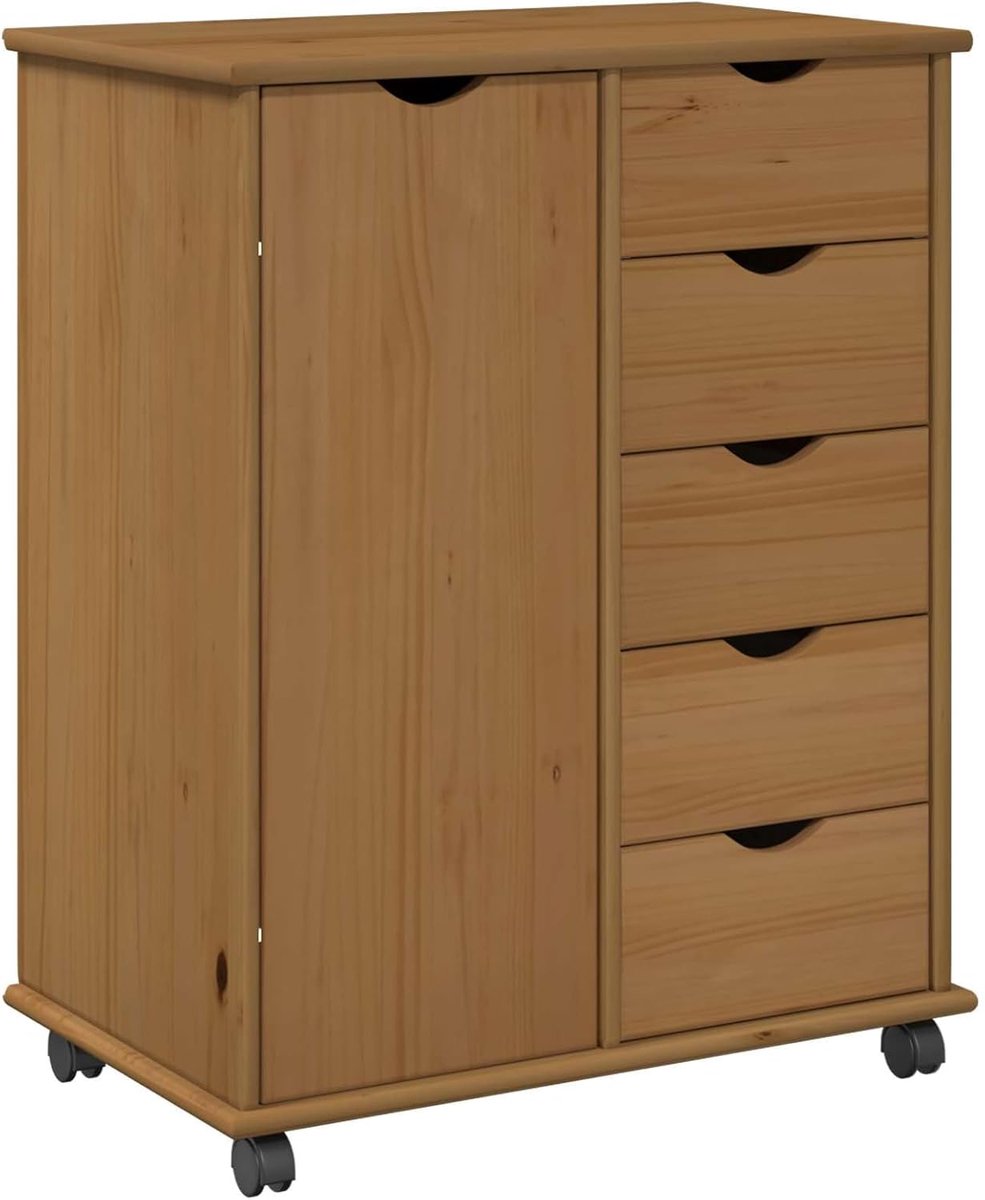 Rolkast honingbruin 63,5 x 39 x 79 cm massief grenen, rolcontainer mobiele archiefkast kantoorcontainer bijzettafel voor kantoor thuiskantoor woonkamer slaapkamer 42028360