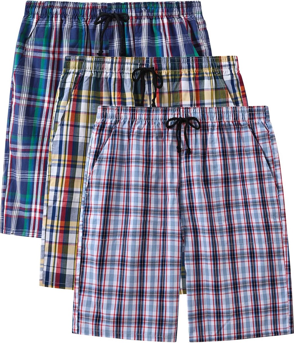 3-pack pyjamabroek kort katoen geruite pyjamabroek Shorty zomer nachtkleding slaapshorts met zakken, 3 Verpakking -C, S