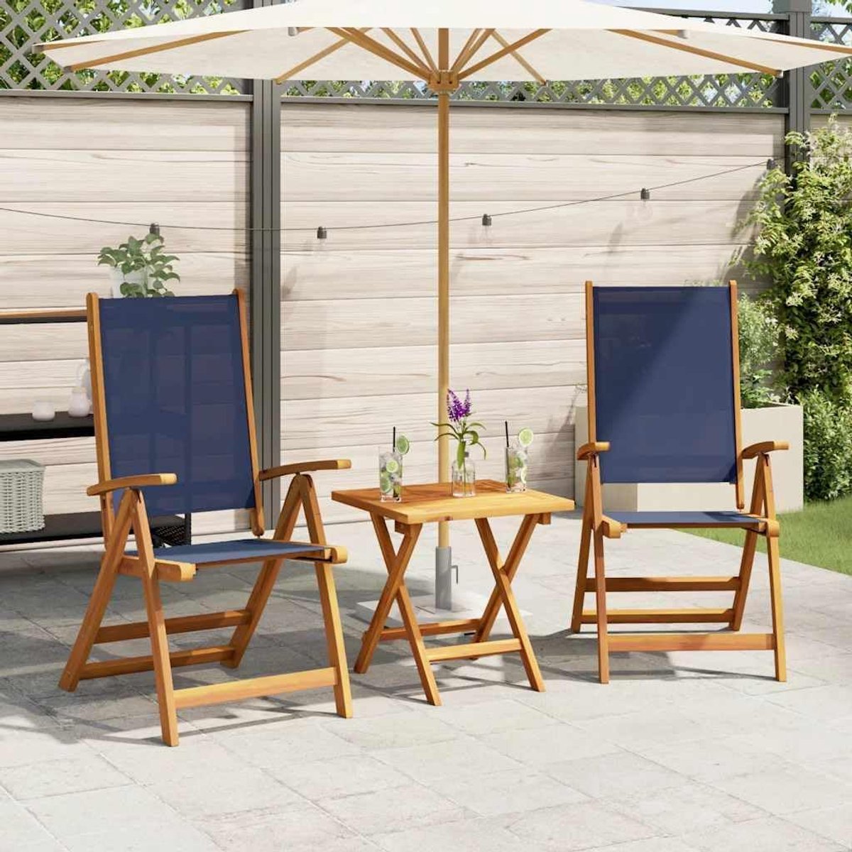 Tuinstoelen van acaciahout en textilene, 2 stuks, met verstelbare rugleuning op 5 niveaus, belastbaar tot 110 kg per zitting