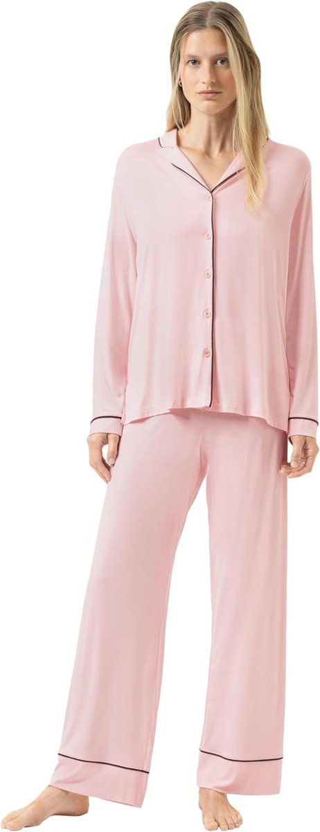 Pyjama's: 2-delige pyjama, casual pasvorm, shirt met reverskraag met doorlopende knoop, lichte biezen, zijsplit, serie Pure Chic